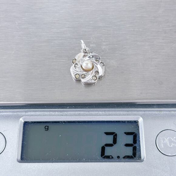 Estate Pearl And Cubic Zirconia Sterling Silver 925 Slide Pendant - Picture 8 of 8